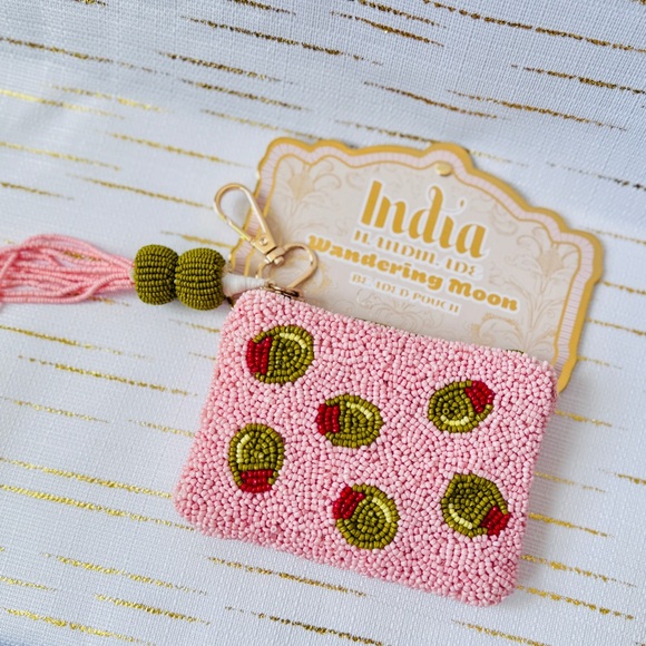 T.J.Maxx Handbags - Wandering Moon Beaded Olive Martini Coin Pouch NWT Pink Glass Beads